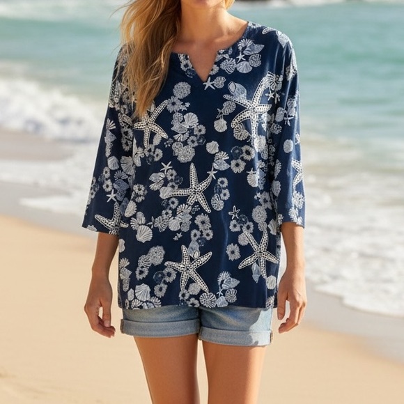 icantoo Tops - Ocean Breeze Navy Coastal Tunic Top – 100% Cotton Beach Print Blouse Size L